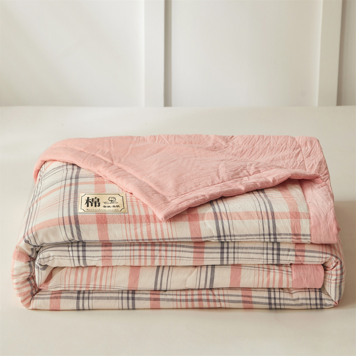 91家纺网 家纺一手货源 找家纺 招财星家纺 2026新款A类无印风100%新疆棉花夏被纯棉夏凉被空调被子薄被芯棉花被四件套 格韵-粉