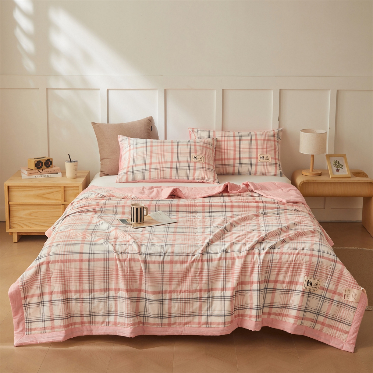 91家纺网 家纺一手货源 找家纺 招财星家纺 2026新款A类无印风100%新疆棉花夏被纯棉夏凉被空调被子薄被芯棉花被四件套 格韵-粉