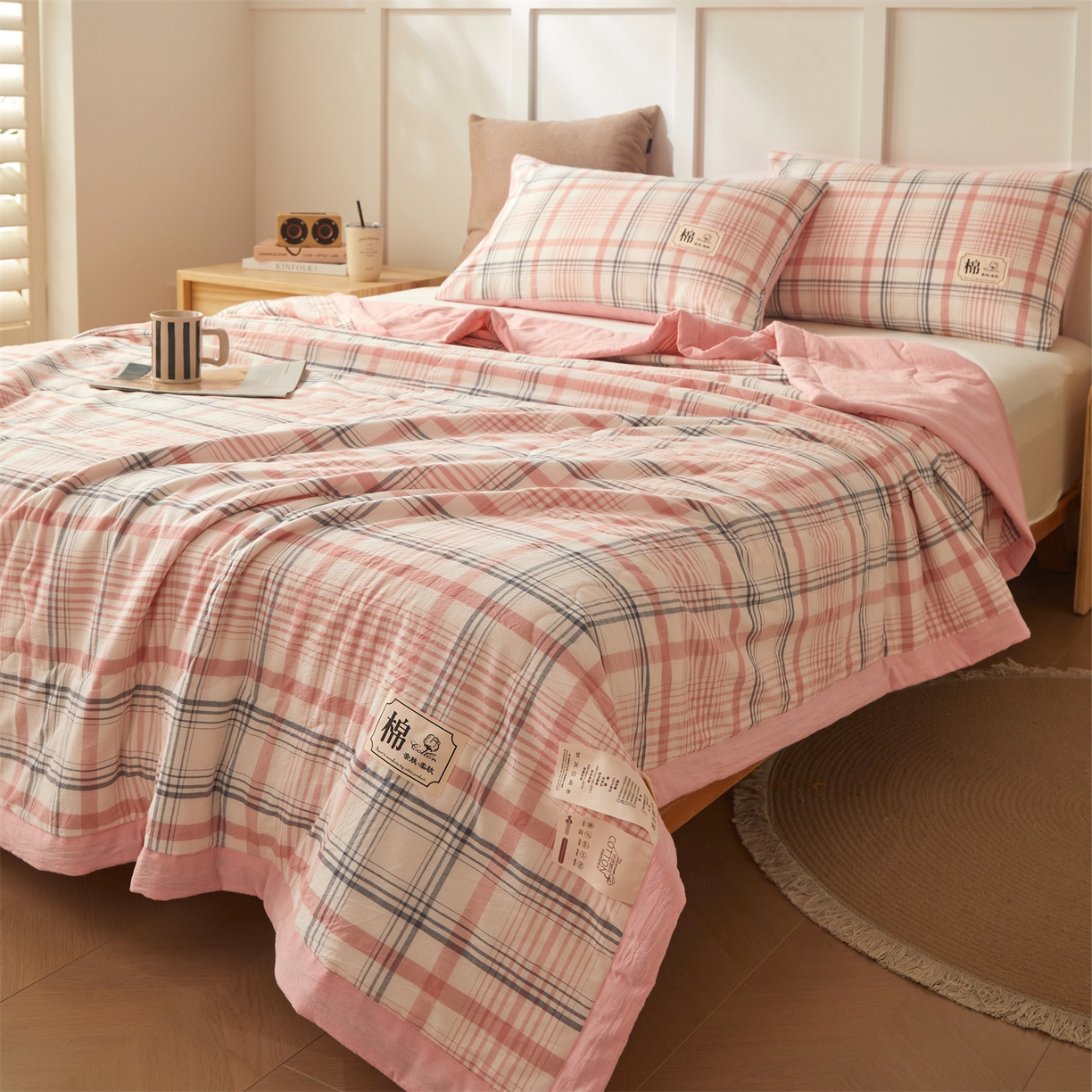 91家纺网 家纺一手货源 找家纺 招财星家纺 2026新款A类无印风100%新疆棉花夏被纯棉夏凉被空调被子薄被芯棉花被四件套 格韵-粉