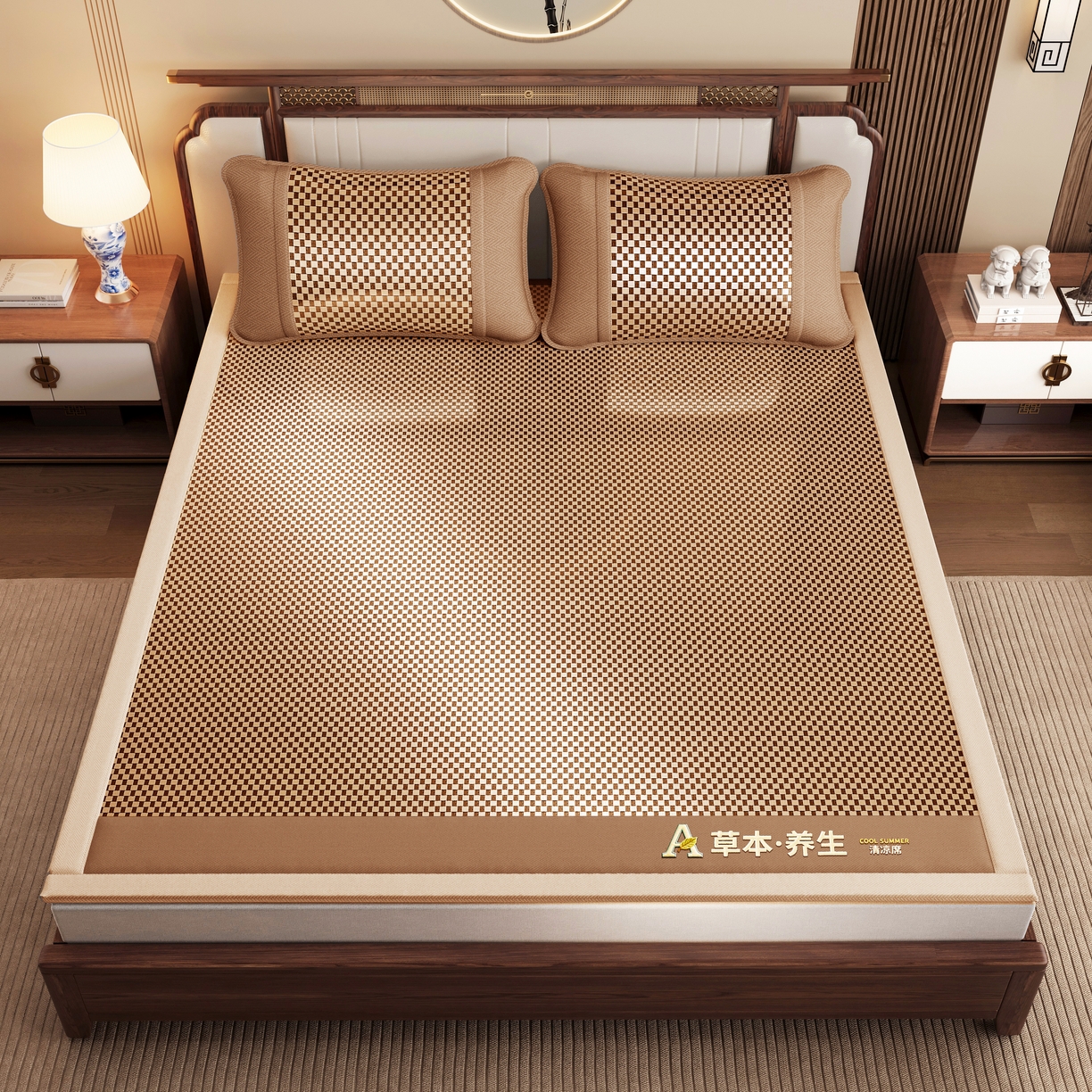 91家纺网 家纺一手货源 找家纺 缦吉 2025款亲肤透气刺绣冰丝藤席系列 金色