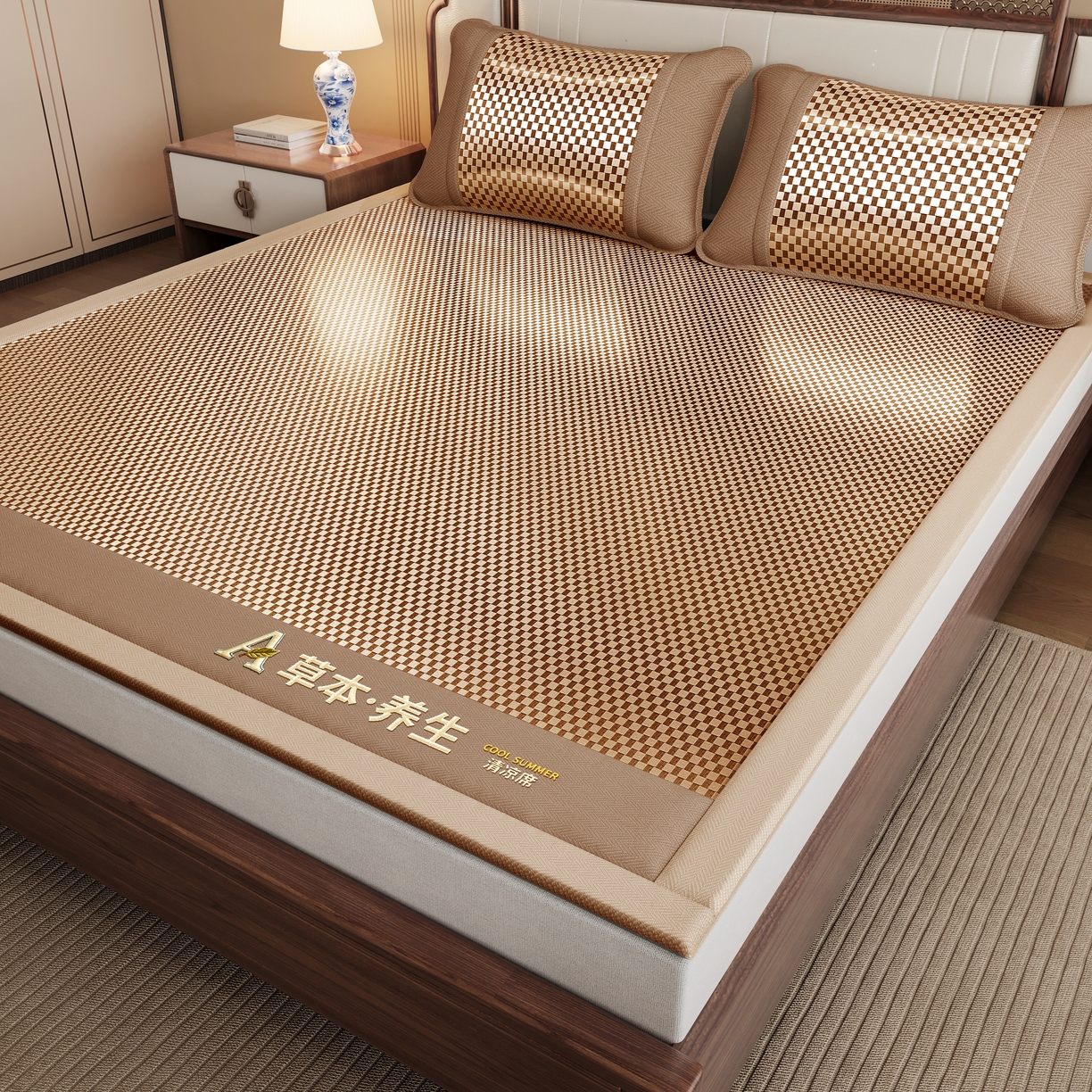 91家纺网 家纺一手货源 找家纺 缦吉 2025款亲肤透气刺绣冰丝藤席系列 金色