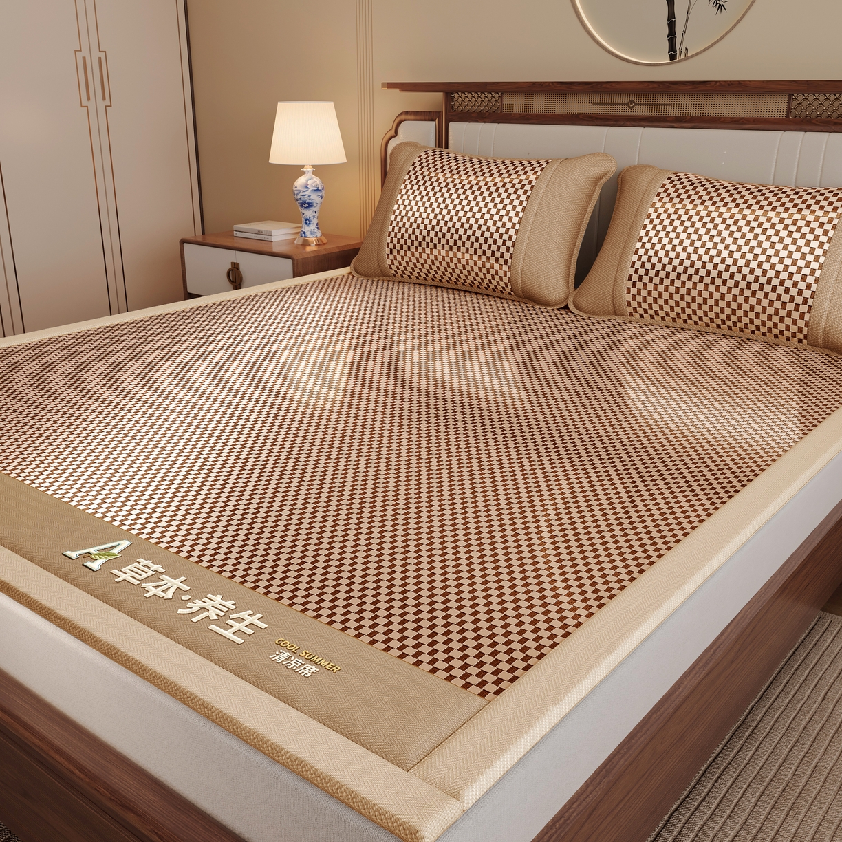 91家纺网 家纺一手货源 找家纺 缦吉 2025款亲肤透气刺绣冰丝藤席系列 金色