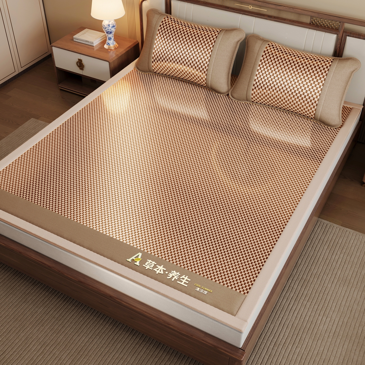 91家纺网 家纺一手货源 找家纺 缦吉 2025款亲肤透气刺绣冰丝藤席系列 金色