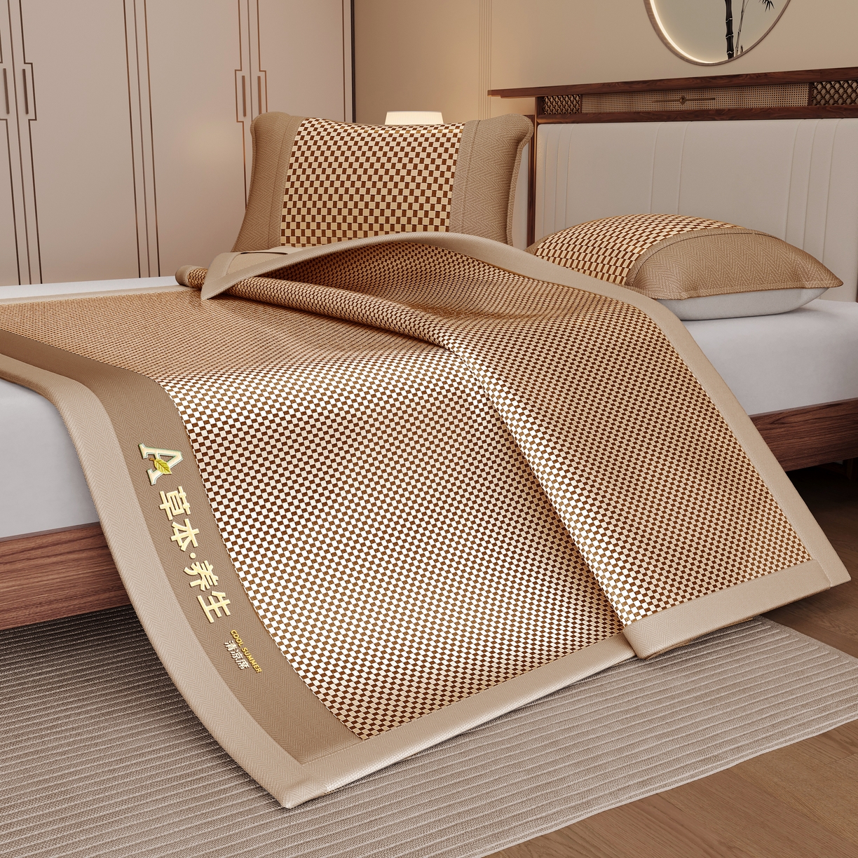 91家纺网 家纺一手货源 找家纺 缦吉 2025款亲肤透气刺绣冰丝藤席系列 金色