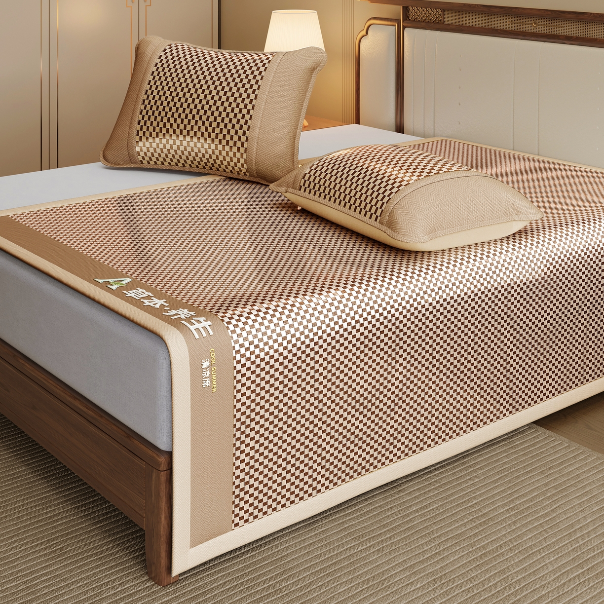 91家纺网 家纺一手货源 找家纺 缦吉 2025款亲肤透气刺绣冰丝藤席系列 金色