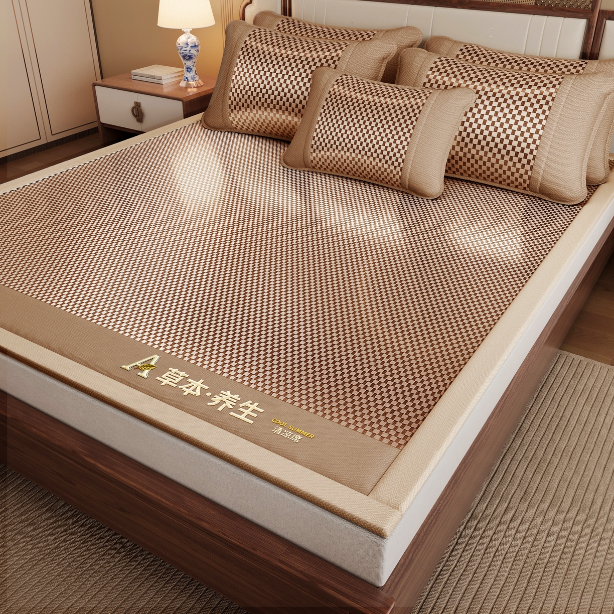 91家纺网 家纺一手货源 找家纺 缦吉 2025款亲肤透气刺绣冰丝藤席系列 金色