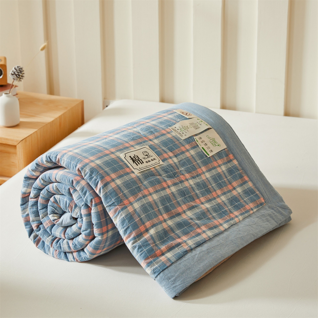 招财星家纺 2026新款A类无印风100%新疆棉花夏被纯棉夏凉被空调被子薄被芯棉花被四件套 格韵-蓝粉