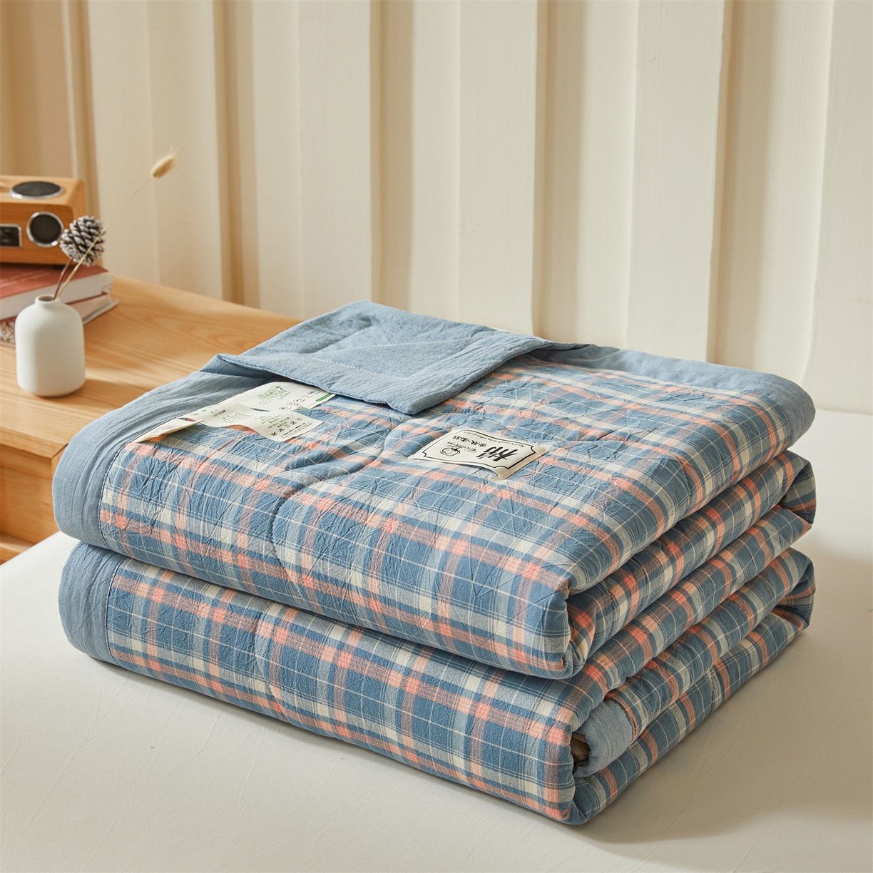 91家纺网 家纺一手货源 找家纺 招财星家纺 2026新款A类无印风100%新疆棉花夏被纯棉夏凉被空调被子薄被芯棉花被四件套 格韵-蓝粉