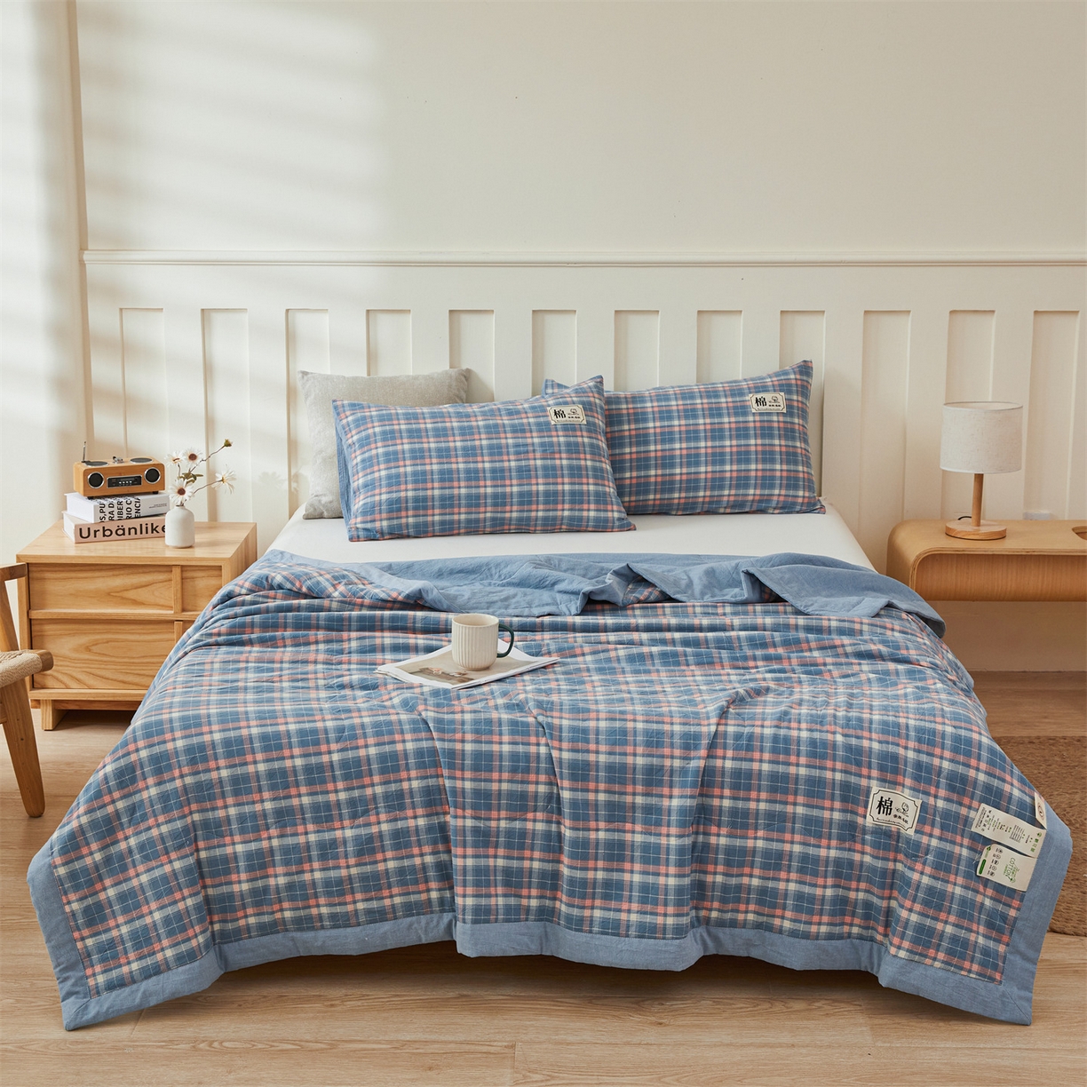 91家纺网 家纺一手货源 找家纺 招财星家纺 2026新款A类无印风100%新疆棉花夏被纯棉夏凉被空调被子薄被芯棉花被四件套 格韵-蓝粉