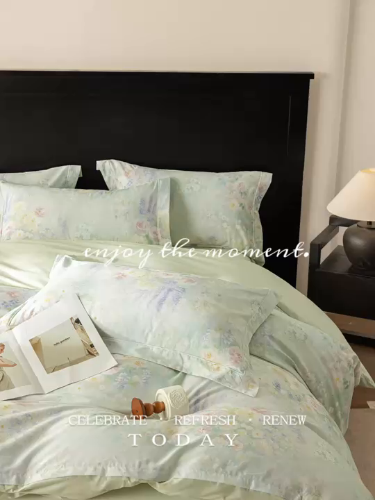 91家纺网 家纺一手货源 找家纺 莱豫家纺 2026新款50s阿克苏长绒棉数码印花四件套 花悦容