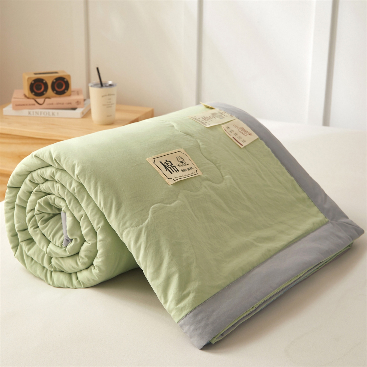 招财星家纺 2026新款A类无印风100%新疆棉花夏被纯棉夏凉被空调被子薄被芯棉花被四件套 果绿色