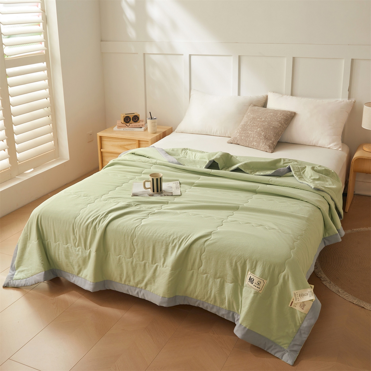 91家纺网 家纺一手货源 找家纺 招财星家纺 2026新款A类无印风100%新疆棉花夏被纯棉夏凉被空调被子薄被芯棉花被四件套 果绿色