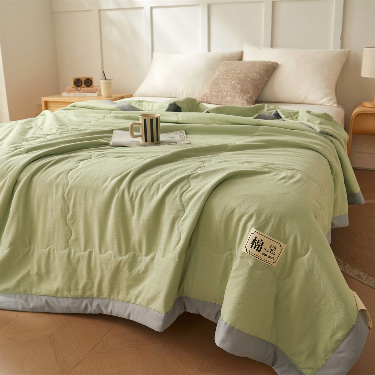 91家纺网 家纺一手货源 找家纺 招财星家纺 2026新款A类无印风100%新疆棉花夏被纯棉夏凉被空调被子薄被芯棉花被四件套 果绿色