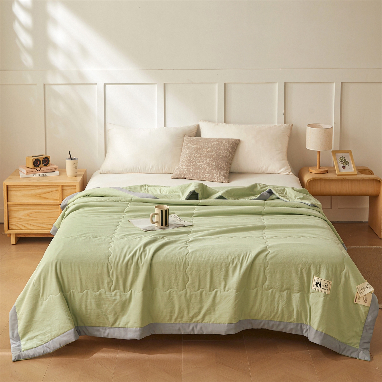 91家纺网 家纺一手货源 找家纺 招财星家纺 2026新款A类无印风100%新疆棉花夏被纯棉夏凉被空调被子薄被芯棉花被四件套 果绿色