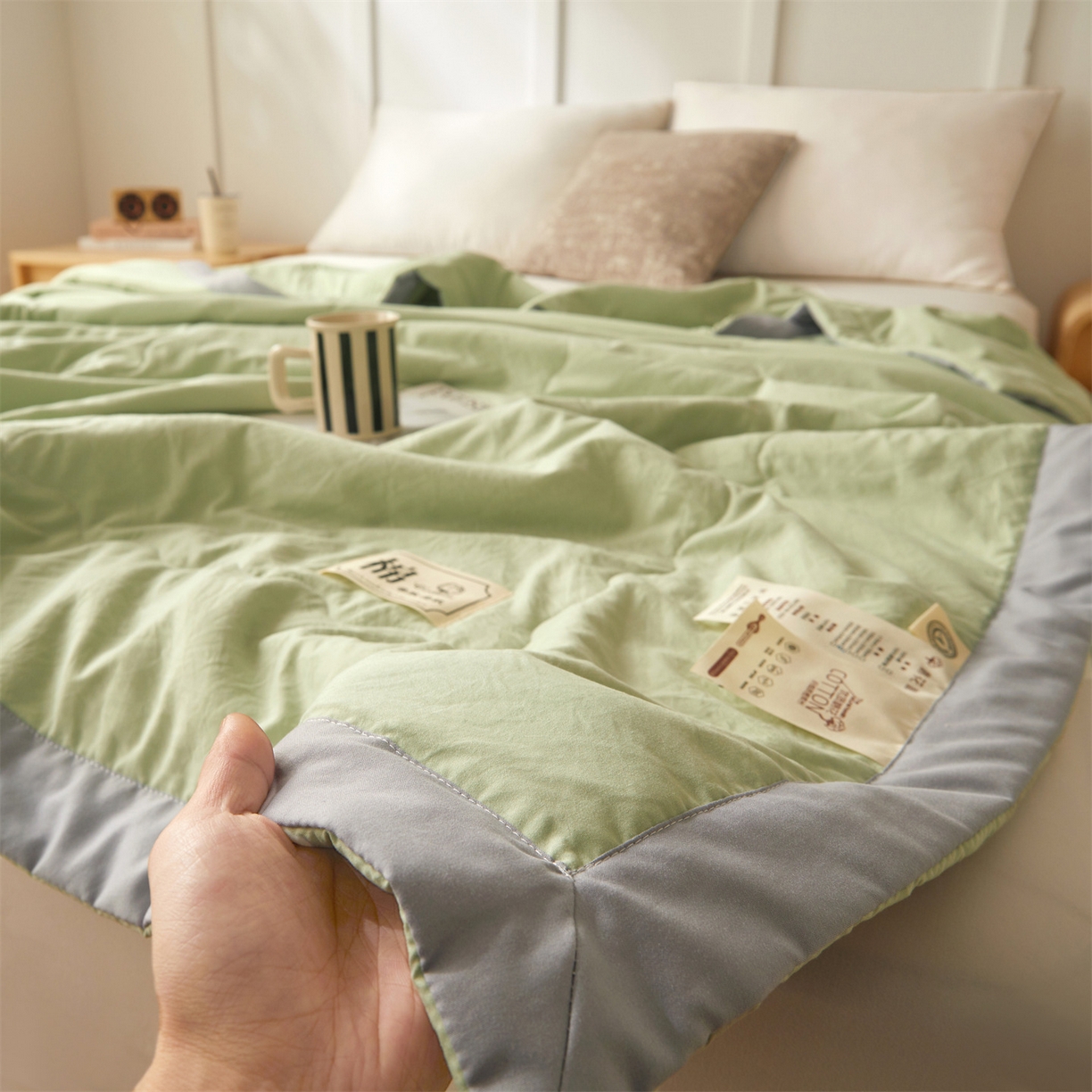91家纺网 家纺一手货源 找家纺 招财星家纺 2026新款A类无印风100%新疆棉花夏被纯棉夏凉被空调被子薄被芯棉花被四件套 果绿色