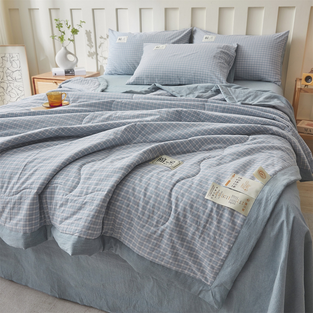 91家纺网 家纺一手货源 找家纺 招财星家纺 2026新款A类无印风100%新疆棉花夏被纯棉夏凉被空调被子薄被芯棉花被四件套 海蓝小格