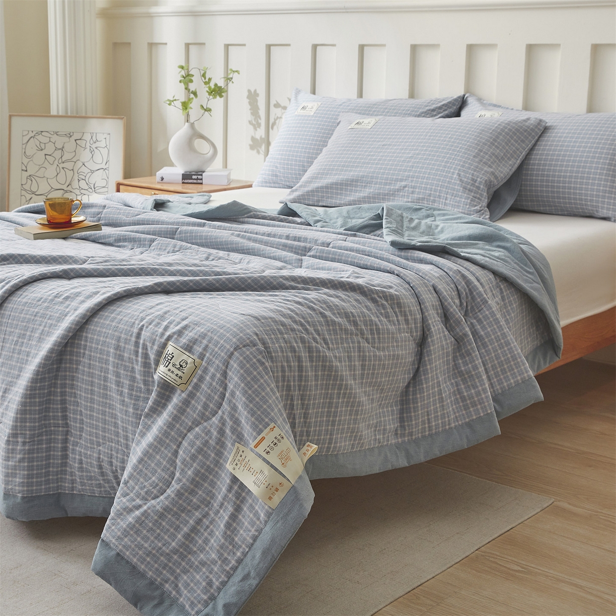 91家纺网 家纺一手货源 找家纺 招财星家纺 2026新款A类无印风100%新疆棉花夏被纯棉夏凉被空调被子薄被芯棉花被四件套 海蓝小格