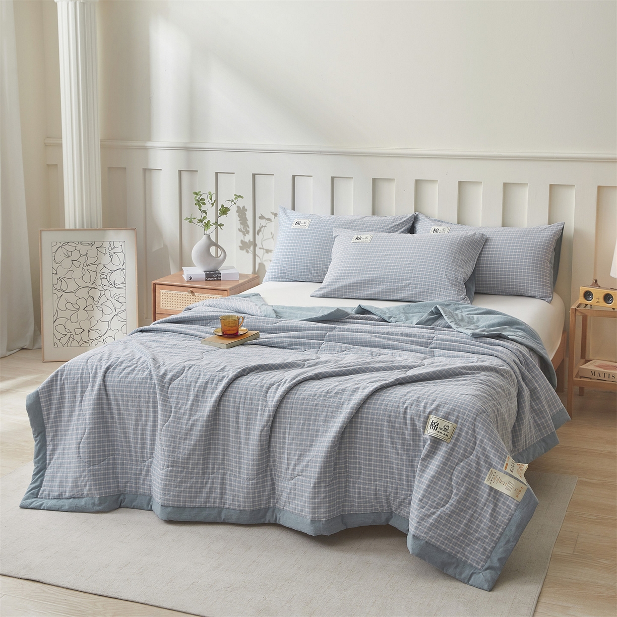 91家纺网 家纺一手货源 找家纺 招财星家纺 2026新款A类无印风100%新疆棉花夏被纯棉夏凉被空调被子薄被芯棉花被四件套 海蓝小格