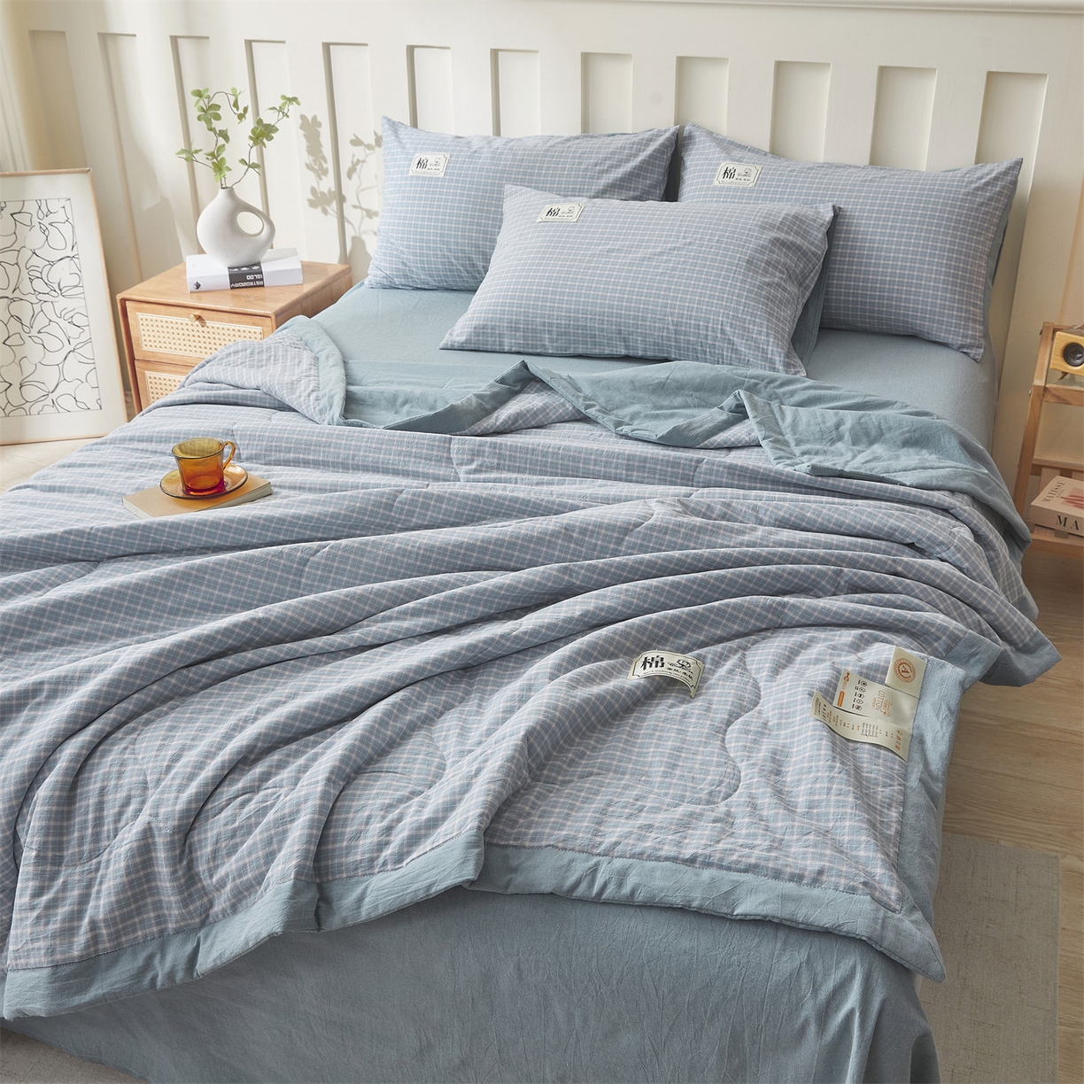 91家纺网 家纺一手货源 找家纺 招财星家纺 2026新款A类无印风100%新疆棉花夏被纯棉夏凉被空调被子薄被芯棉花被四件套 海蓝小格