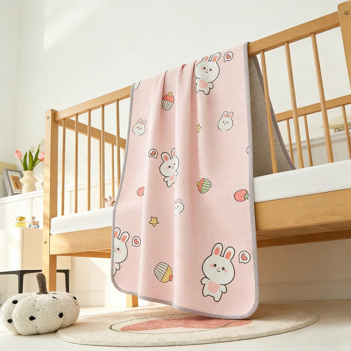 91家纺网 家纺一手货源 找家纺 奇丝雅 2026新款A类母婴级婴儿凉感冰豆豆凉席儿童新生小宝宝床幼儿园床拼接床冰丝席 巴比兔