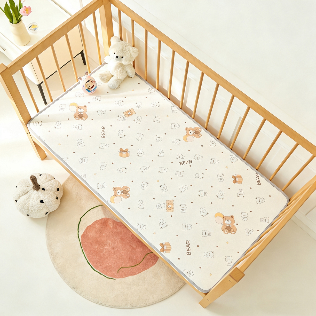 91家纺网 家纺一手货源 找家纺 奇丝雅 2026新款A类母婴级婴儿凉感冰豆豆凉席儿童新生小宝宝床幼儿园床拼接床冰丝席 饼干熊