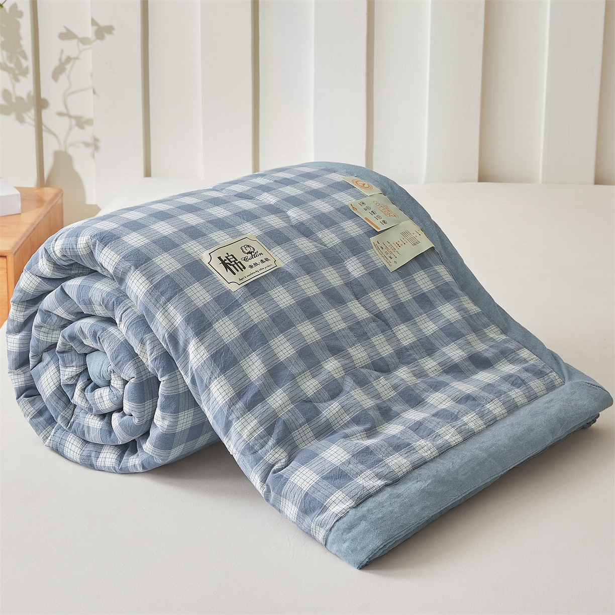 招财星家纺 2026新款A类无印风100%新疆棉花夏被纯棉夏凉被空调被子薄被芯棉花被四件套 简兮格-蓝