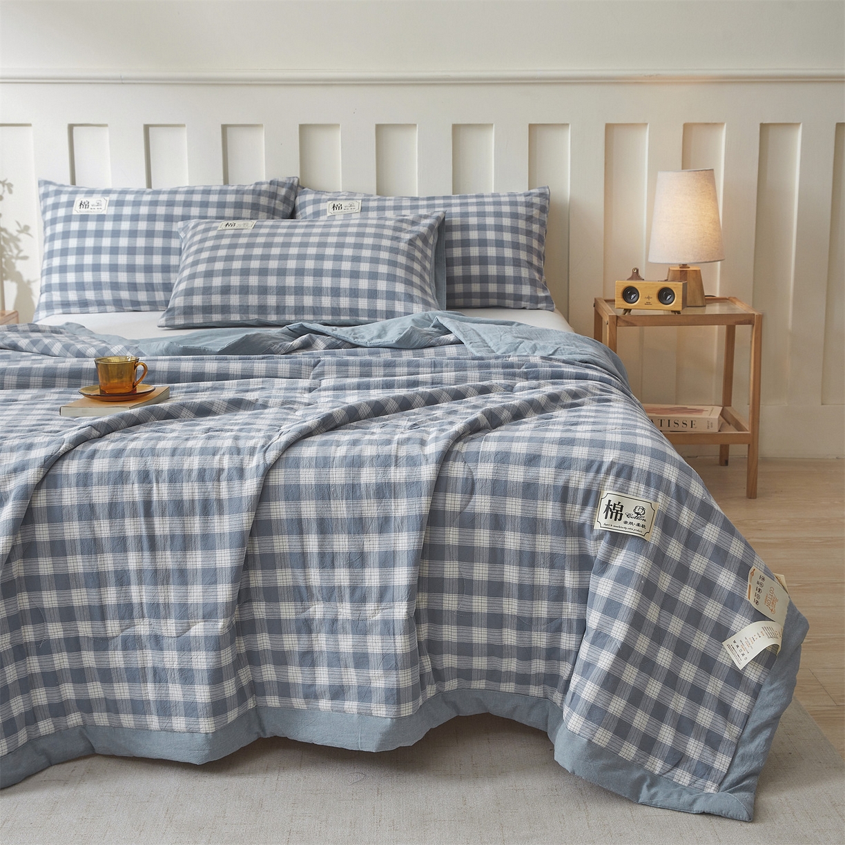 91家纺网 家纺一手货源 找家纺 招财星家纺 2026新款A类无印风100%新疆棉花夏被纯棉夏凉被空调被子薄被芯棉花被四件套 简兮格-蓝