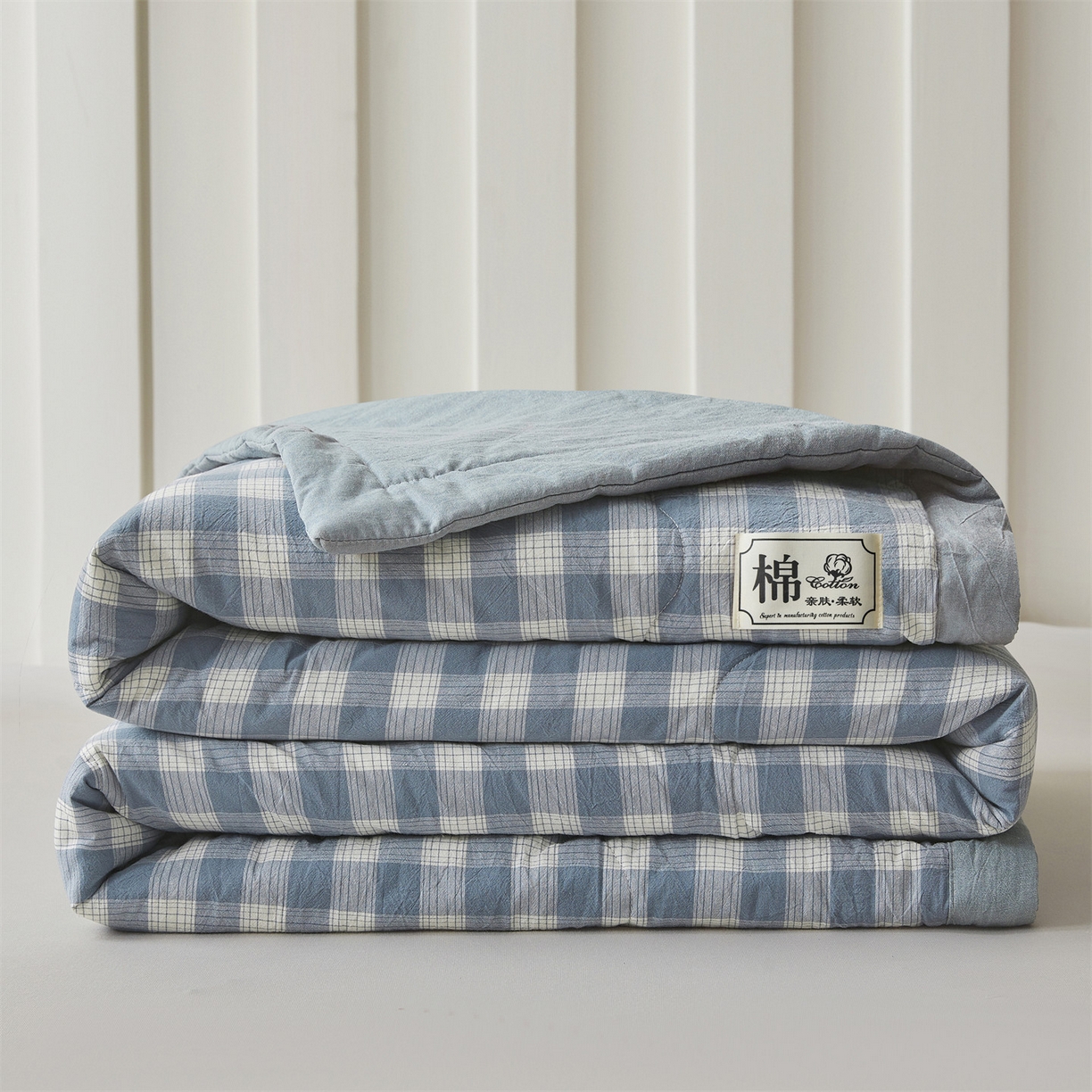 91家纺网 家纺一手货源 找家纺 招财星家纺 2026新款A类无印风100%新疆棉花夏被纯棉夏凉被空调被子薄被芯棉花被四件套 简兮格-蓝