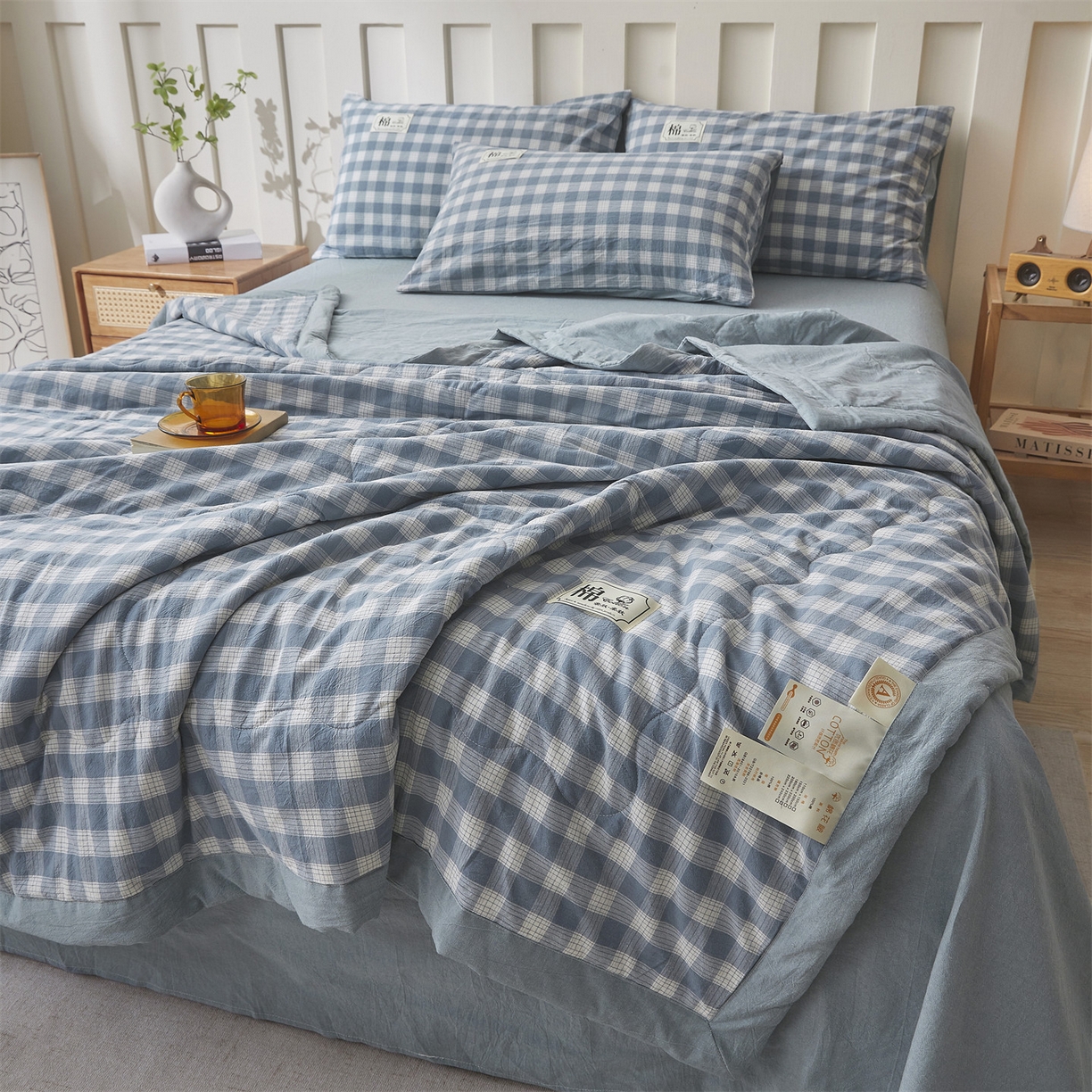 91家纺网 家纺一手货源 找家纺 招财星家纺 2026新款A类无印风100%新疆棉花夏被纯棉夏凉被空调被子薄被芯棉花被四件套 简兮格-蓝