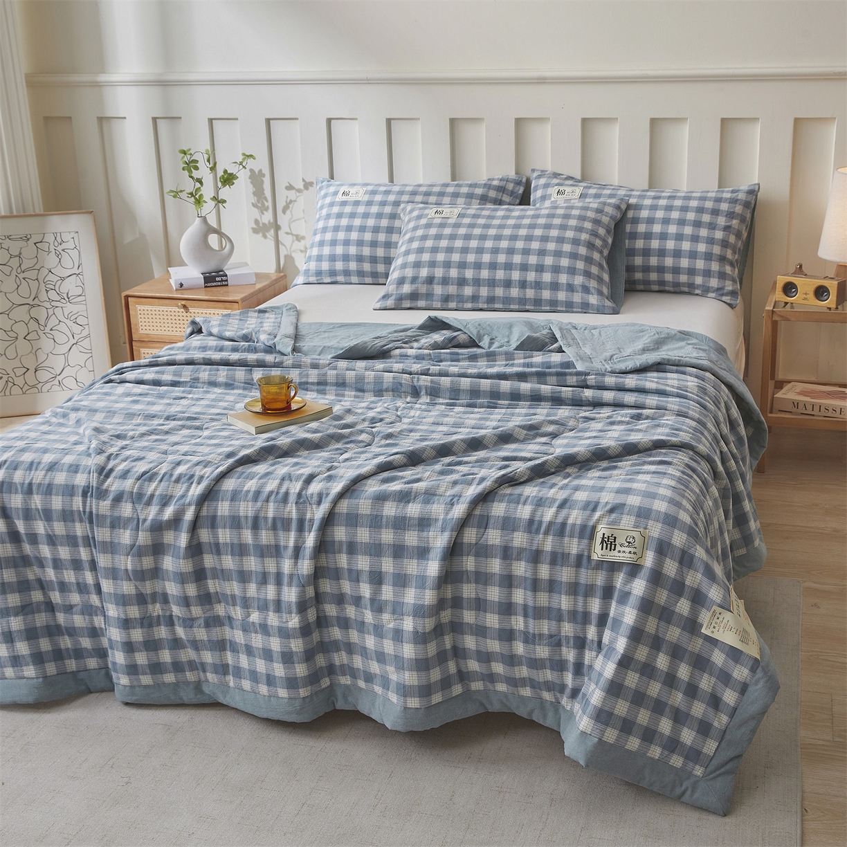 91家纺网 家纺一手货源 找家纺 招财星家纺 2026新款A类无印风100%新疆棉花夏被纯棉夏凉被空调被子薄被芯棉花被四件套 简兮格-蓝