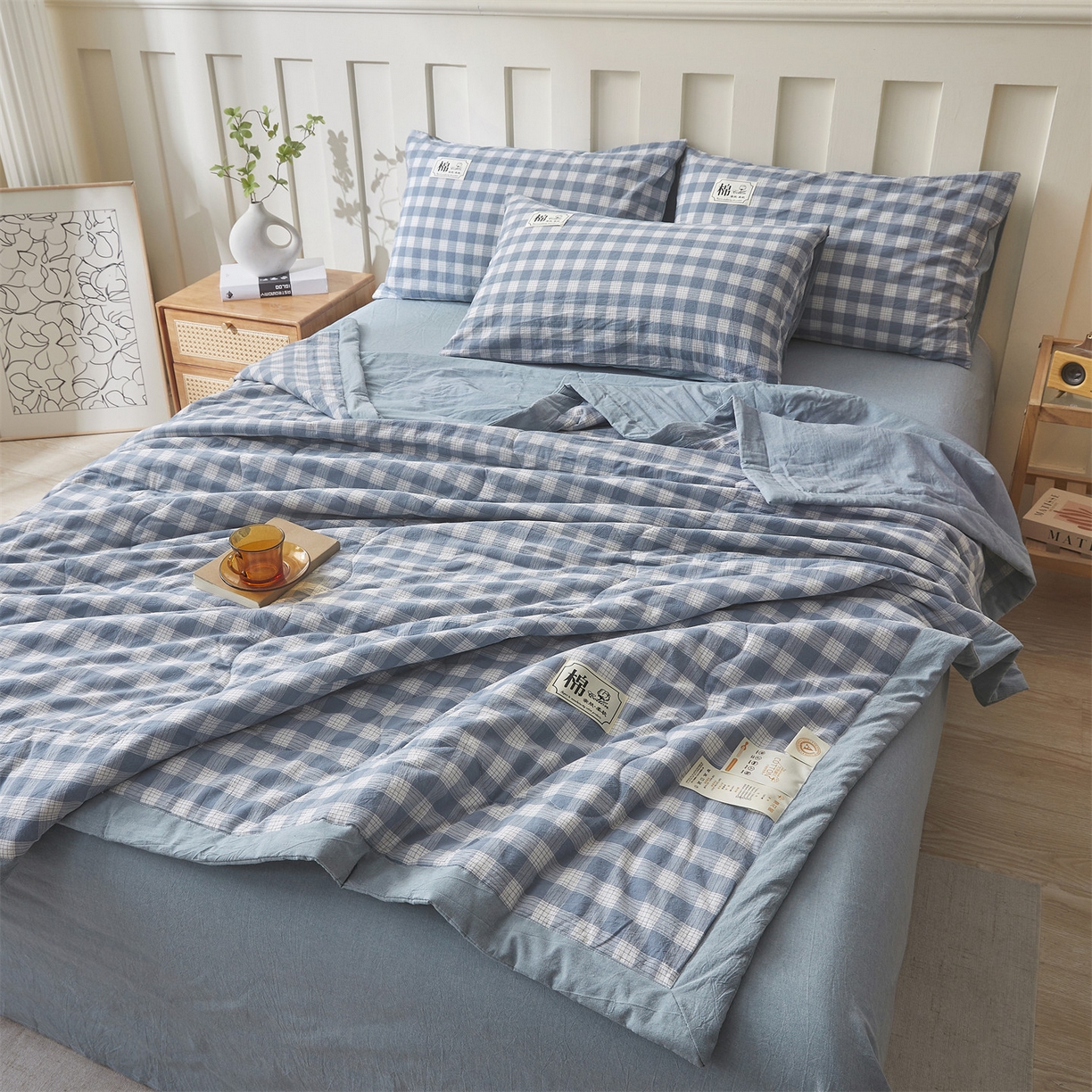 91家纺网 家纺一手货源 找家纺 招财星家纺 2026新款A类无印风100%新疆棉花夏被纯棉夏凉被空调被子薄被芯棉花被四件套 简兮格-蓝
