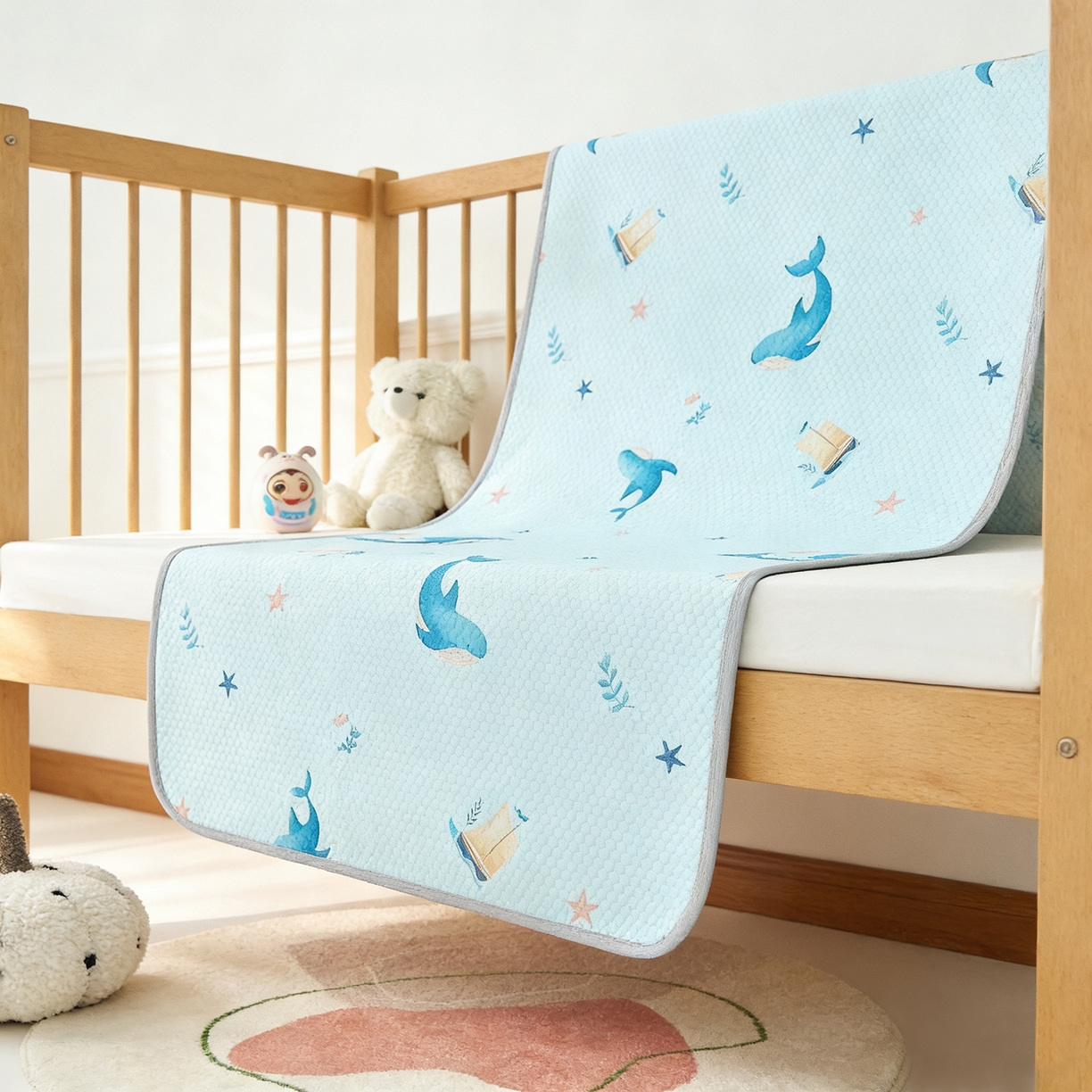 91家纺网 家纺一手货源 找家纺 奇丝雅 2026新款A类母婴级婴儿凉感冰豆豆凉席儿童新生小宝宝床幼儿园床拼接床冰丝席 海洋世界