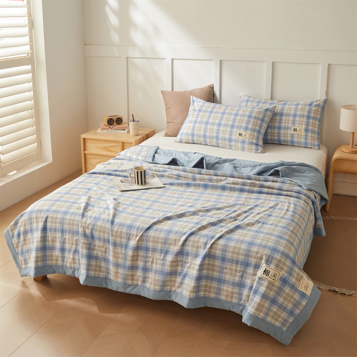 91家纺网 家纺一手货源 找家纺 招财星家纺 2026新款A类无印风100%新疆棉花夏被纯棉夏凉被空调被子薄被芯棉花被四件套 蓝黄格