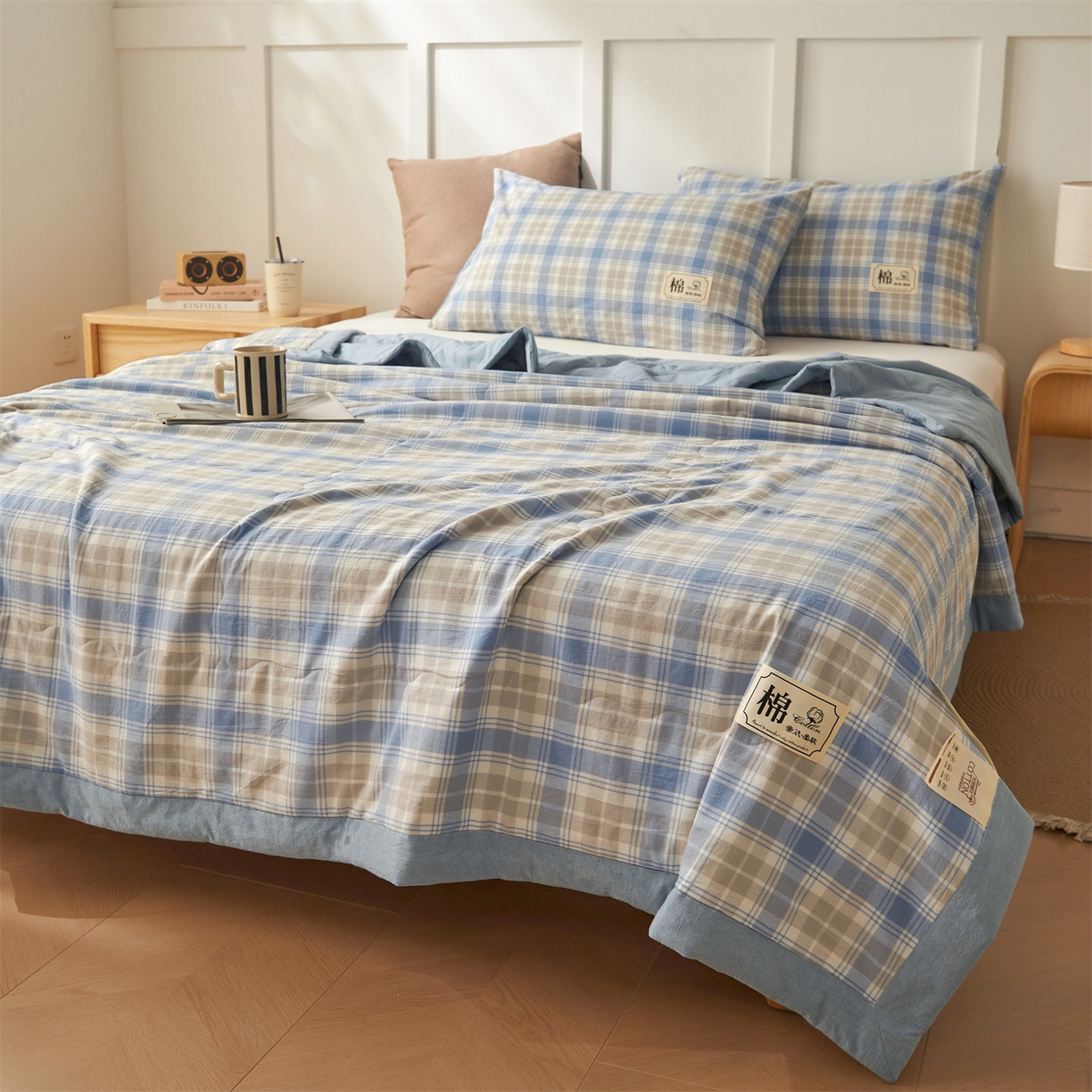 91家纺网 家纺一手货源 找家纺 招财星家纺 2026新款A类无印风100%新疆棉花夏被纯棉夏凉被空调被子薄被芯棉花被四件套 蓝黄格