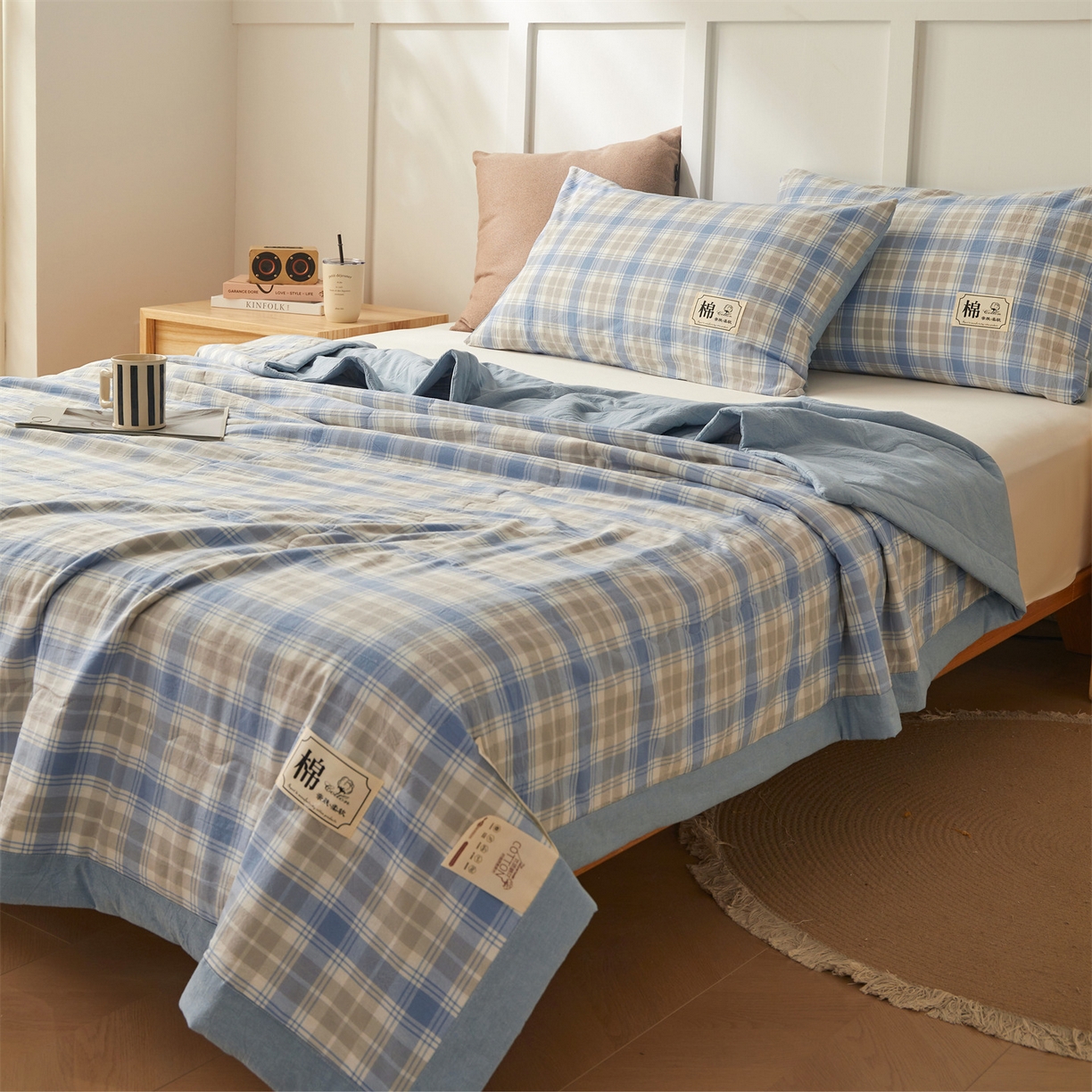 91家纺网 家纺一手货源 找家纺 招财星家纺 2026新款A类无印风100%新疆棉花夏被纯棉夏凉被空调被子薄被芯棉花被四件套 蓝黄格