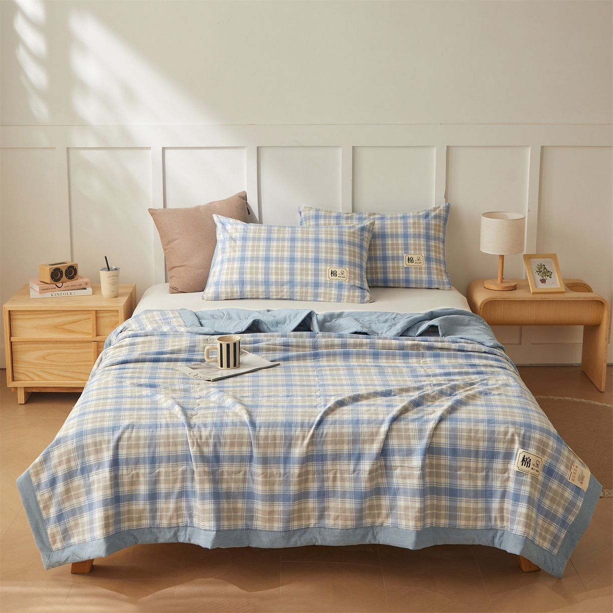 91家纺网 家纺一手货源 找家纺 招财星家纺 2026新款A类无印风100%新疆棉花夏被纯棉夏凉被空调被子薄被芯棉花被四件套 蓝黄格