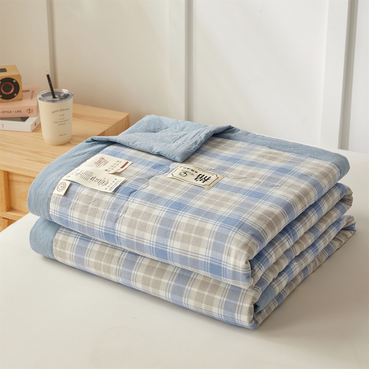 91家纺网 家纺一手货源 找家纺 招财星家纺 2026新款A类无印风100%新疆棉花夏被纯棉夏凉被空调被子薄被芯棉花被四件套 蓝黄格