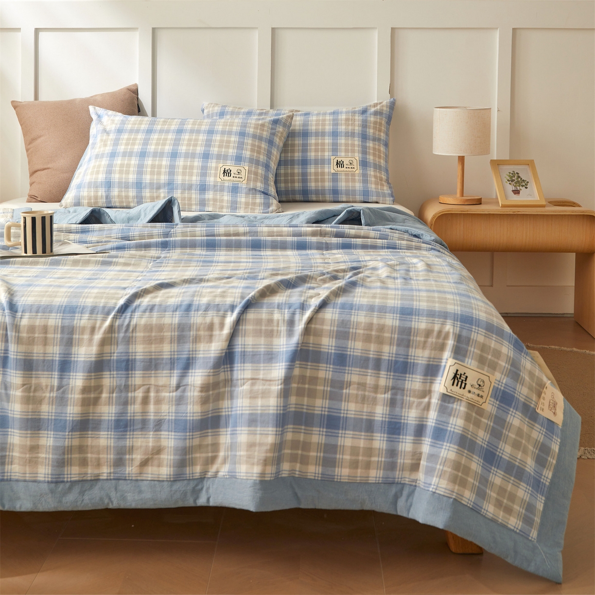 91家纺网 家纺一手货源 找家纺 招财星家纺 2026新款A类无印风100%新疆棉花夏被纯棉夏凉被空调被子薄被芯棉花被四件套 蓝黄格