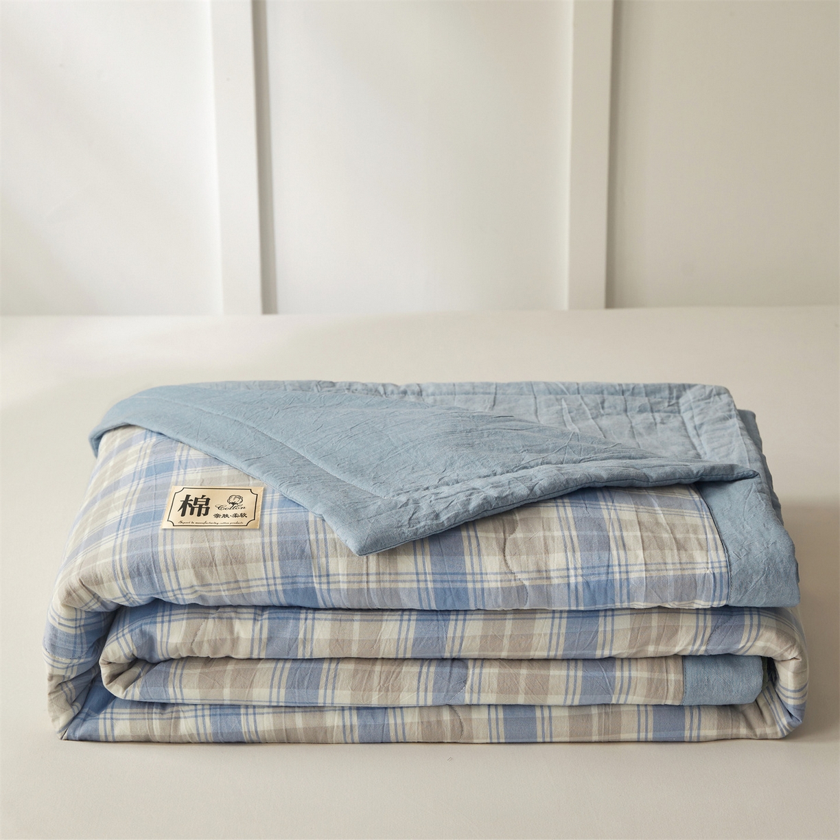 91家纺网 家纺一手货源 找家纺 招财星家纺 2026新款A类无印风100%新疆棉花夏被纯棉夏凉被空调被子薄被芯棉花被四件套 蓝黄格
