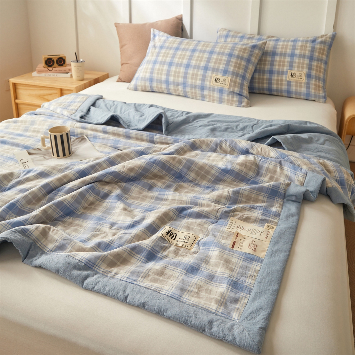 91家纺网 家纺一手货源 找家纺 招财星家纺 2026新款A类无印风100%新疆棉花夏被纯棉夏凉被空调被子薄被芯棉花被四件套 蓝黄格