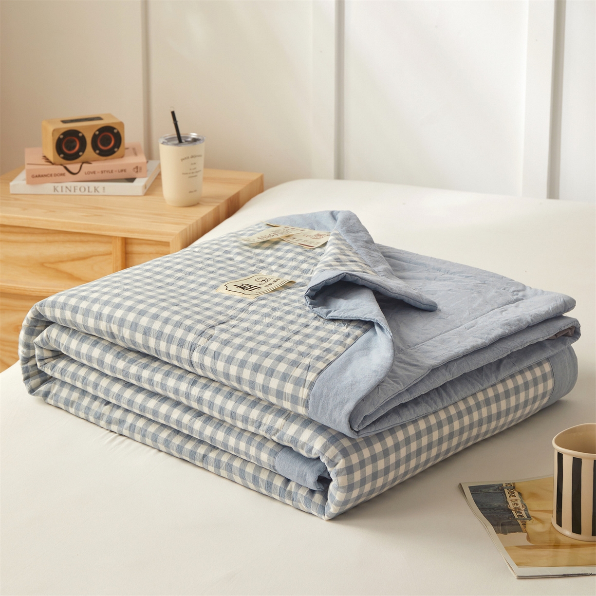 91家纺网 家纺一手货源 找家纺 招财星家纺 2026新款A类无印风100%新疆棉花夏被纯棉夏凉被空调被子薄被芯棉花被四件套 蓝小格