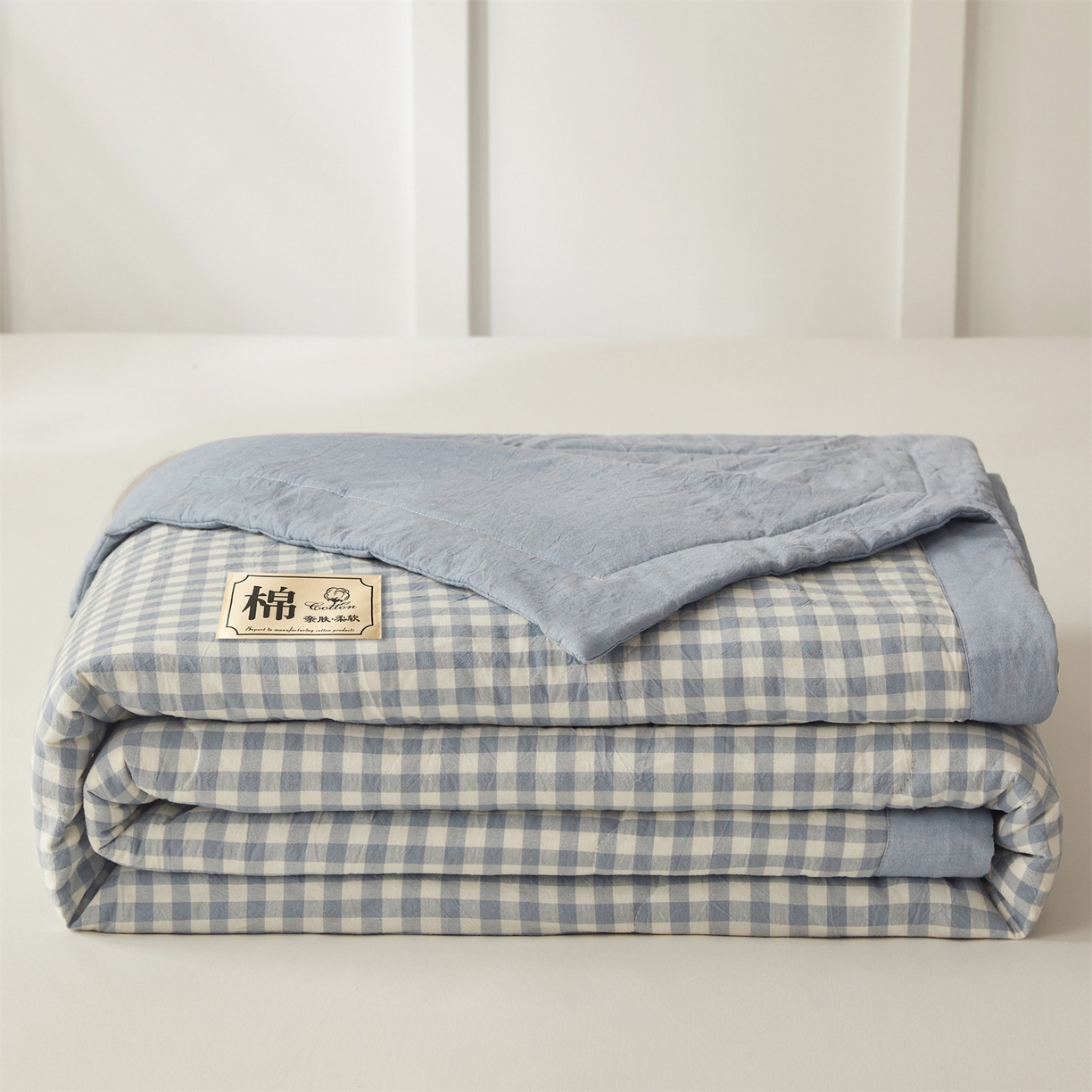 91家纺网 家纺一手货源 找家纺 招财星家纺 2026新款A类无印风100%新疆棉花夏被纯棉夏凉被空调被子薄被芯棉花被四件套 蓝小格
