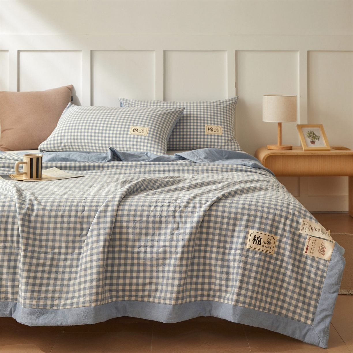 91家纺网 家纺一手货源 找家纺 招财星家纺 2026新款A类无印风100%新疆棉花夏被纯棉夏凉被空调被子薄被芯棉花被四件套 蓝小格