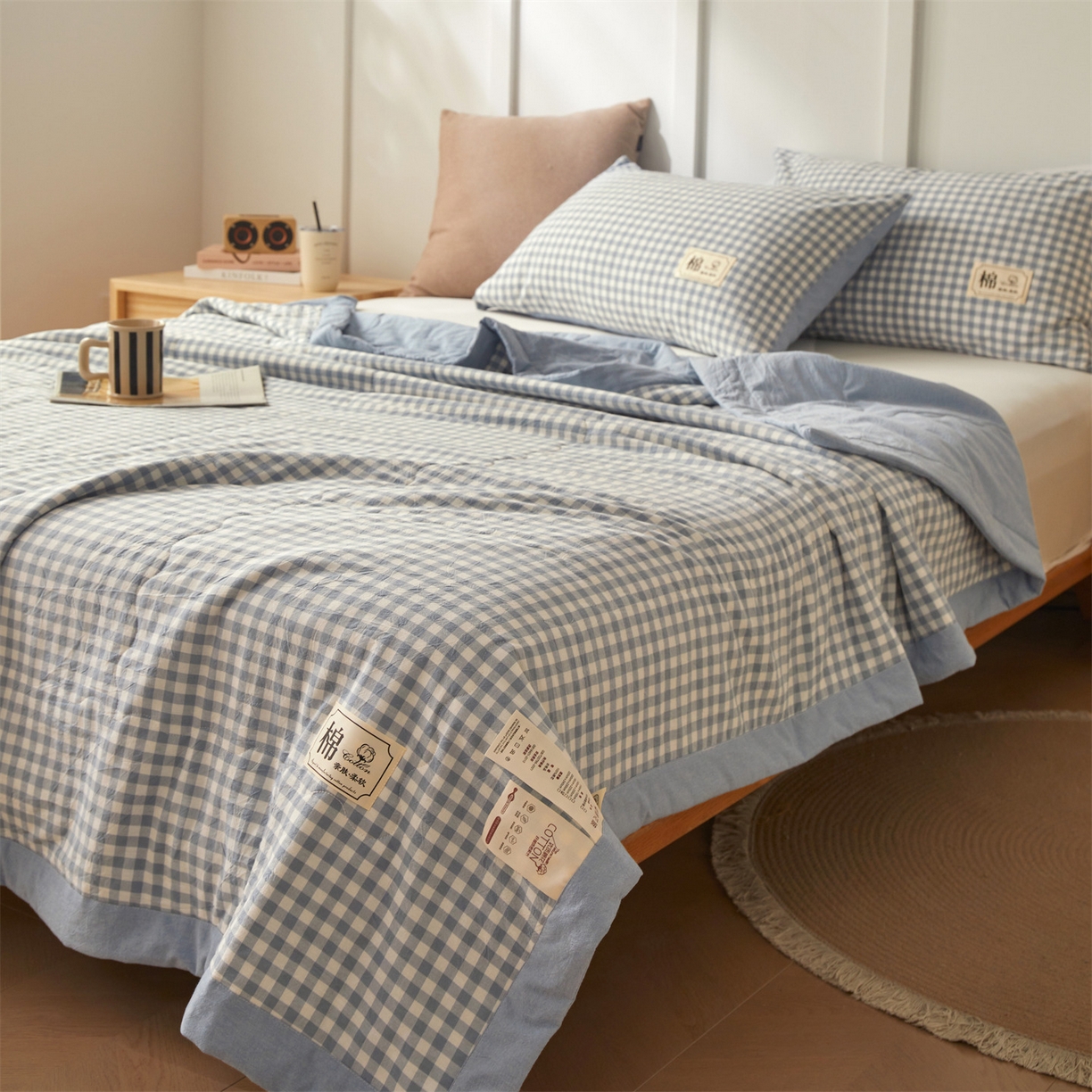 91家纺网 家纺一手货源 找家纺 招财星家纺 2026新款A类无印风100%新疆棉花夏被纯棉夏凉被空调被子薄被芯棉花被四件套 蓝小格