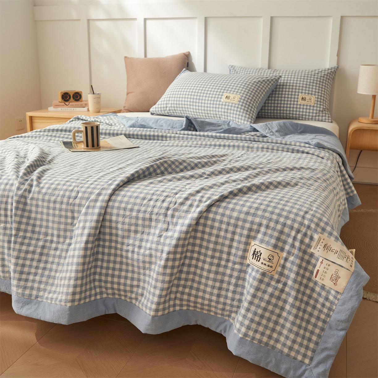 91家纺网 家纺一手货源 找家纺 招财星家纺 2026新款A类无印风100%新疆棉花夏被纯棉夏凉被空调被子薄被芯棉花被四件套 蓝小格