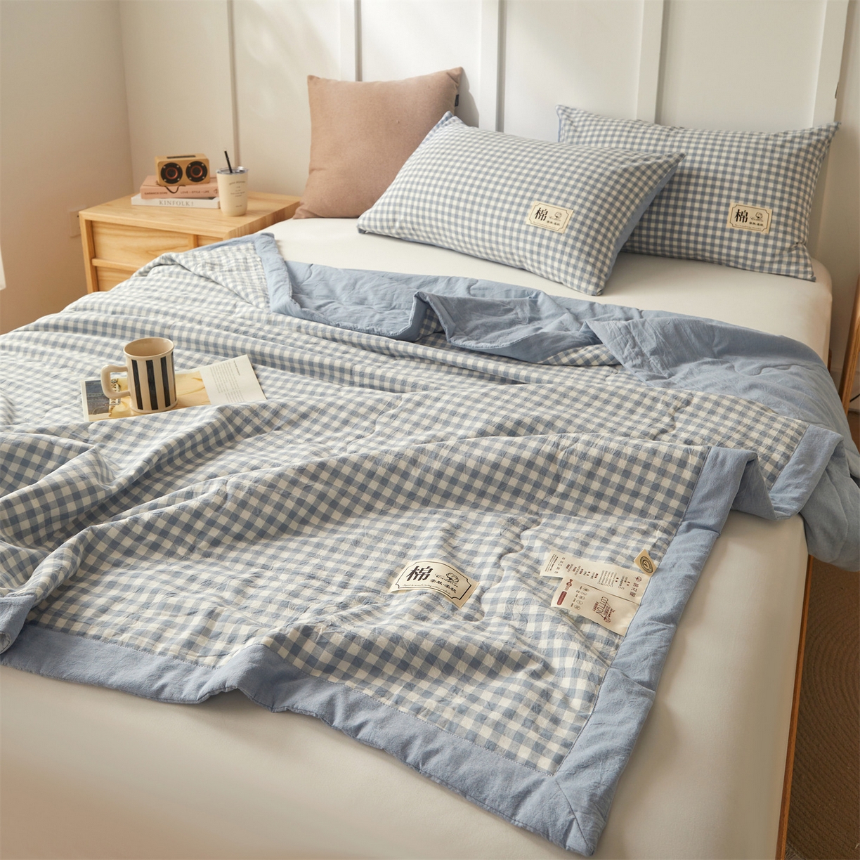 91家纺网 家纺一手货源 找家纺 招财星家纺 2026新款A类无印风100%新疆棉花夏被纯棉夏凉被空调被子薄被芯棉花被四件套 蓝小格