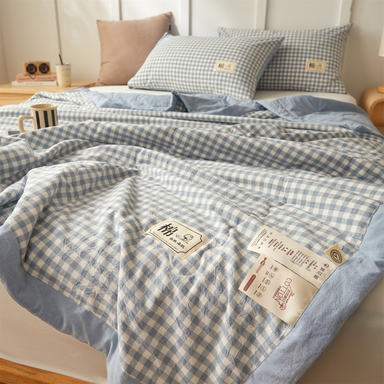 91家纺网 家纺一手货源 找家纺 招财星家纺 2026新款A类无印风100%新疆棉花夏被纯棉夏凉被空调被子薄被芯棉花被四件套 蓝小格