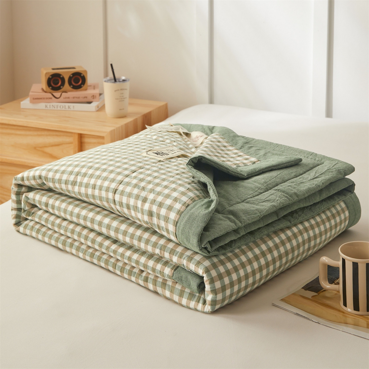 91家纺网 家纺一手货源 找家纺 招财星家纺 2026新款A类无印风100%新疆棉花夏被纯棉夏凉被空调被子薄被芯棉花被四件套 绿小格