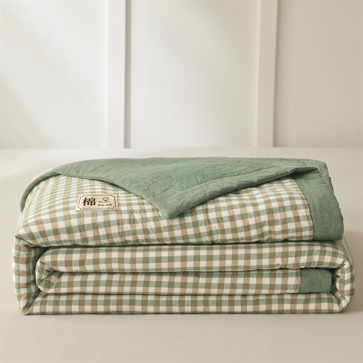 91家纺网 家纺一手货源 找家纺 招财星家纺 2026新款A类无印风100%新疆棉花夏被纯棉夏凉被空调被子薄被芯棉花被四件套 绿小格
