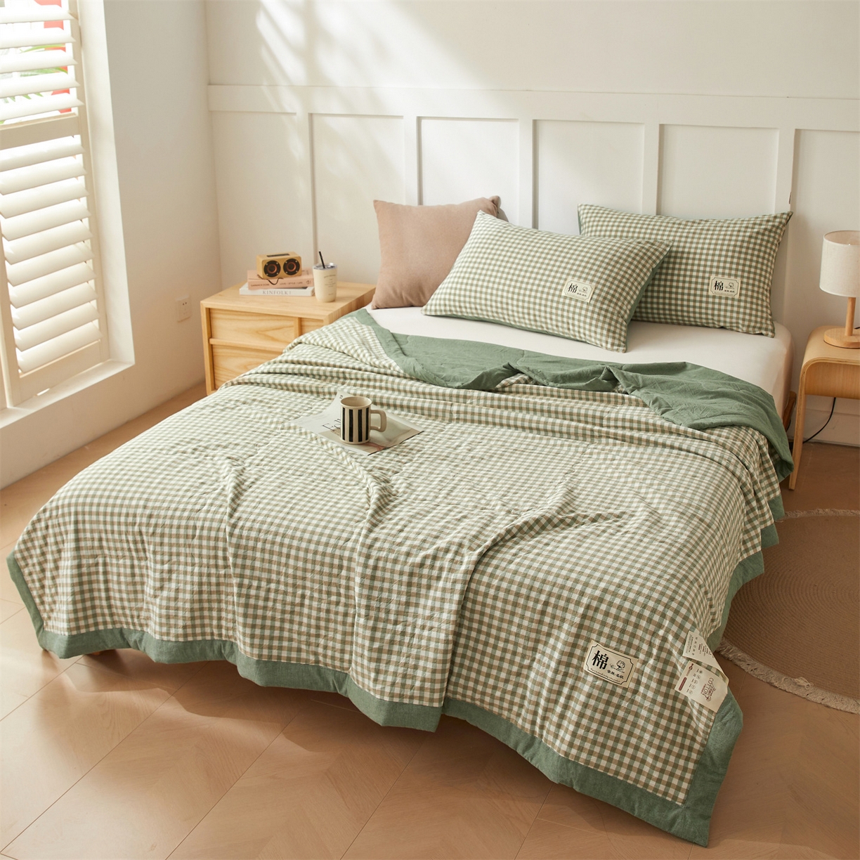 91家纺网 家纺一手货源 找家纺 招财星家纺 2026新款A类无印风100%新疆棉花夏被纯棉夏凉被空调被子薄被芯棉花被四件套 绿小格